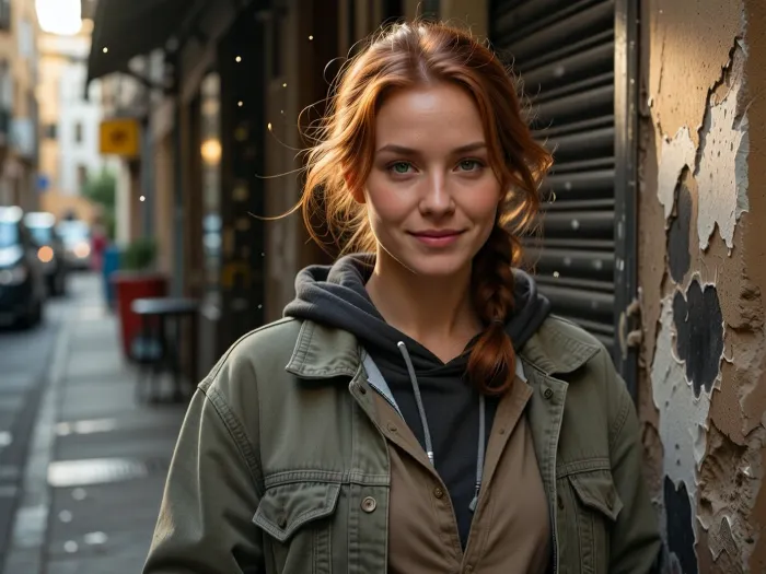 Ultra-realistic cinematic street portrait, exact recreation of the reference composition, an adult woman, 25 years old, positioned slightly right of center in the immediate foreground, framed from approximately mid-torso upward, body angled subtly toward the viewer while her face turns directly toward the lens, relaxed shoulders, calm confident posture, gentle closed-mouth smile, soft warm expression, direct eye contact, delicate natural facial structure, softly defined cheekbones, straight narrow nose, natural lips, deep green eyes, realistic asymmetry and subtle skin imperfections, medium olive-beige complexion with visible pores, fine facial texture and faint natural under-eye detail, long redhead hair loosely tied into a messy low bun, several fine strands falling naturally around her forehead, temples and cheeks, slightly windswept texture, layered worn street clothing, faded olive-gray oversized jacket with visible stitching, seams, creases and subtle stains, dark charcoal hooded sweatshirt beneath it, muted taupe shirt underneath, realistic layered collars and fabric thickness, narrow urban alleyway receding behind her toward the left, weathered wall immediately beside her on the right with peeling paint, rough plaster, graffiti traces and dark irregular patches, closed dark metal roller shutter behind her shoulder, heavily blurred background with indistinct parked vehicles, street furniture and storefront elements, warm golden-hour sunlight entering from behind and above, strong amber rim light tracing her hair and right shoulder, soft natural frontal fill on her face, glowing backlit stray hairs, tiny illuminated dust particles suspended in the air, shallow depth of field, creamy circular bokeh, 50 mm full-frame photographic look, approximately f/1.8, eye-level viewpoint, extremely sharp focus on eyes and facial skin, background strongly defocused, warm cinematic color grading, muted olive, brown and charcoal palette, soft highlight roll-off, realistic dynamic range, subtle film grain, restrained microcontrast, natural optical imperfections, documentary authenticity, photorealistic skin, fabric and masonry textures, natural facial proportions, highly detailed professional editorial photography