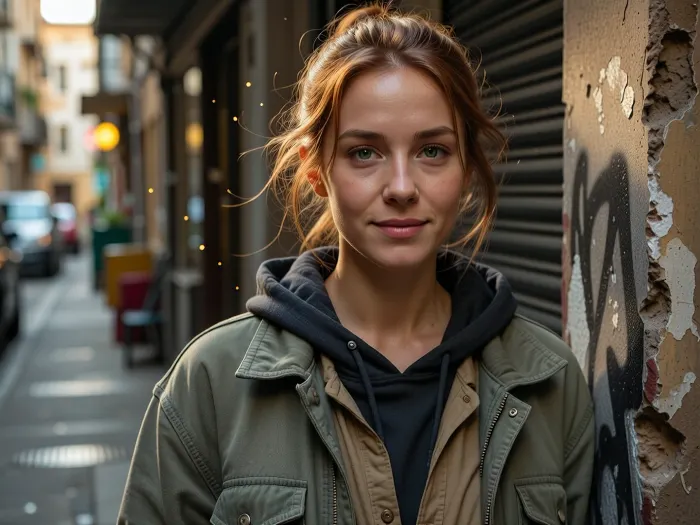Ultra-realistic cinematic street portrait, exact recreation of the reference composition, an adult woman, 25 years old, positioned slightly right of center in the immediate foreground, framed from approximately mid-torso upward, body angled subtly toward the viewer while her face turns directly toward the lens, relaxed shoulders, calm confident posture, gentle closed-mouth smile, soft warm expression, direct eye contact, delicate natural facial structure, softly defined cheekbones, straight narrow nose, natural lips, deep green eyes, realistic asymmetry and subtle skin imperfections, medium olive-beige complexion with visible pores, fine facial texture and faint natural under-eye detail, long redhead hair loosely tied into a messy low bun, several fine strands falling naturally around her forehead, temples and cheeks, slightly windswept texture, layered worn street clothing, faded olive-gray oversized jacket with visible stitching, seams, creases and subtle stains, dark charcoal hooded sweatshirt beneath it, muted taupe shirt underneath, realistic layered collars and fabric thickness, narrow urban alleyway receding behind her toward the left, weathered wall immediately beside her on the right with peeling paint, rough plaster, graffiti traces and dark irregular patches, closed dark metal roller shutter behind her shoulder, heavily blurred background with indistinct parked vehicles, street furniture and storefront elements, warm golden-hour sunlight entering from behind and above, strong amber rim light tracing her hair and right shoulder, soft natural frontal fill on her face, glowing backlit stray hairs, tiny illuminated dust particles suspended in the air, shallow depth of field, creamy circular bokeh, 50 mm full-frame photographic look, approximately f/1.8, eye-level viewpoint, extremely sharp focus on eyes and facial skin, background strongly defocused, warm cinematic color grading, muted olive, brown and charcoal palette, soft highlight roll-off, realistic dynamic range, subtle film grain, restrained microcontrast, natural optical imperfections, documentary authenticity, photorealistic skin, fabric and masonry textures, natural facial proportions, highly detailed professional editorial photography