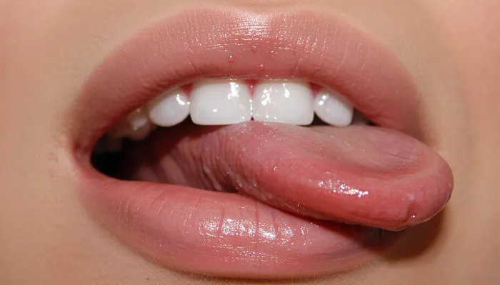 Lustfully parted feminine lips, the tip of her tongue gently moistening the upper lip, perfectly aligned white teeth clearly visible in natural, flawless occlusion, sensual expression, realistic moist lip texture, highly detailed skin and mouth anatomy
