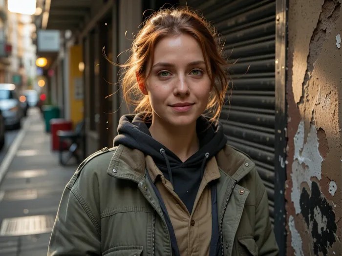 Ultra-realistic cinematic street portrait, exact recreation of the reference composition, an adult woman, 25 years old, positioned slightly right of center in the immediate foreground, framed from approximately mid-torso upward, body angled subtly toward the viewer while her face turns directly toward the lens, relaxed shoulders, calm confident posture, gentle closed-mouth smile, soft warm expression, direct eye contact, delicate natural facial structure, softly defined cheekbones, straight narrow nose, natural lips, deep green eyes, realistic asymmetry and subtle skin imperfections, medium olive-beige complexion with visible pores, fine facial texture and faint natural under-eye detail, long redhead hair loosely tied into a messy low bun, several fine strands falling naturally around her forehead, temples and cheeks, slightly windswept texture, layered worn street clothing, faded olive-gray oversized jacket with visible stitching, seams, creases and subtle stains, dark charcoal hooded sweatshirt beneath it, muted taupe shirt underneath, realistic layered collars and fabric thickness, narrow urban alleyway receding behind her toward the left, weathered wall immediately beside her on the right with peeling paint, rough plaster, graffiti traces and dark irregular patches, closed dark metal roller shutter behind her shoulder, heavily blurred background with indistinct parked vehicles, street furniture and storefront elements, warm golden-hour sunlight entering from behind and above, strong amber rim light tracing her hair and right shoulder, soft natural frontal fill on her face, glowing backlit stray hairs, tiny illuminated dust particles suspended in the air, shallow depth of field, creamy circular bokeh, 50 mm full-frame photographic look, approximately f/1.8, eye-level viewpoint, extremely sharp focus on eyes and facial skin, background strongly defocused, warm cinematic color grading, muted olive, brown and charcoal palette, soft highlight roll-off, realistic dynamic range, subtle film grain, restrained microcontrast, natural optical imperfections, documentary authenticity, photorealistic skin, fabric and masonry textures, natural facial proportions, highly detailed professional editorial photography