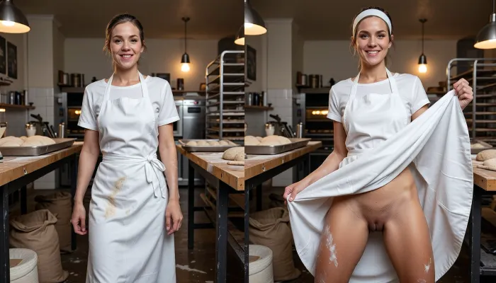 A highly detailed photorealistic diptych showing the identical adult woman, 28 years old, in exactly the same bakery work outfit, hairstyle, accessories and bakehouse environment in both panels, she is a cheerful baker with a soft feminine face, healthy sturdy build, natural body proportions and a warm approachable presence, wearing traditional white bakery work clothing consisting of a simple white work dress and a long white apron reaching well below the knees, lightly dusted all over with flour, with traces of flour across the apron, sleeves, skirt, hands and a little on her cheeks and hair, her hairstyle practical yet flattering, left panel photographed at normal eye level inside a working bakery kitchen surrounded by wooden worktables, trays of dough, sacks of flour, metal racks, baking tools, warm ovens and softly glowing bakery lighting, she notices the viewer and reacts with genuine pleasant surprise, bright eyes, a warm spontaneous smile and an almost flirtatious cheerful expression, relaxed lively body language, right panel showing the exact same woman, same white work dress, same long white apron, same flour covered appearance and same bakery environment from an extreme floor level frog perspective, she looks directly downward into the lens with joyful anticipation and a playful smile, lifting and swirling the hem of her work dress and apron upward in a clearly staged consensual fashion gesture so her opaque fitted underwear becomes visibly presented beneath the moving fabric, no nudity, no explicit exposure, dramatic upward perspective emphasizing the layered white fabrics, her legs, the movement of the apron and her direct downward gaze, perfect identity consistency between both panels, identical facial structure, body proportions, outfit, accessories, lighting and surroundings, ultra refined facial rendering, detailed irises, crisp eyelashes, visible pores, soft natural skin sheen, subtle flour dust clinging realistically to skin and fabric, highly detailed hands and fingers, realistic flour texture on clothing and exposed skin, extremely detailed textile rendering with visible weave, seams, stitching, hem construction, folds, creases and tension lines, premium high resolution rendering, razor sharp micro detail, realistic warm bakery light, subtle analog grain, cinematic realism, full frame photographic quality and exceptionally rich material detail throughout