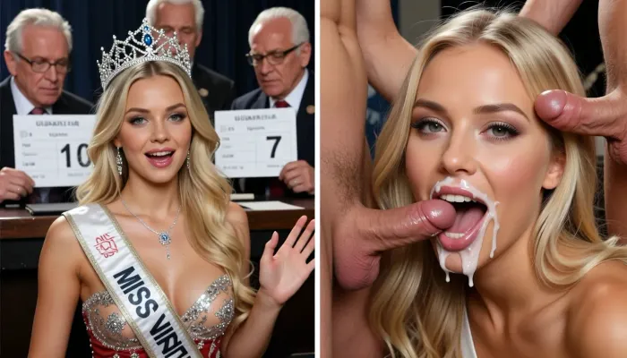 score_9, score_8_up, score_7_up, absurd_res, hi_res, Photorealistic horizontal split-screen, left half and right half completely independent.
Blank space divisor.

LEFT HALF, Miss universe contest, a Young blonde woman miss universe wearing a miss universe Classic outfit is receiving a queen crown, on the background the three old men Judges are giving her the grade 10, No oral actions, no cock, no cum on the left half.

RIGHT HALF, the same young blonde woman is surrounded by the same three old men judges. The men are naked with the penises erected surrounding the blonde girl. The girl is the hot miss universe and she is sitting on the floor doing a gang blowing. Her face, lips and chin are covered with thick white cum from the first frame and the cum stays on her face the entire time. She greedily sucks the cock, looking at the camera with a happy pleasure expression, moving her mouth on the cock and smearing the cum. No speaking, no dialogue, only soft wet sucking sounds and her quiet pleasure breathing. No counter, no uniform visor actions.

LEFT half = active flirty gesturing, leaning closer, energetic monologue. RIGHT half = only continuous gang blowjob with permanent cum and pleasure. The two halves never exchange actions, faces, or sound. Strict real-time normal speed.

Pure visual video, absolutely no subtitles, no text, no captions.