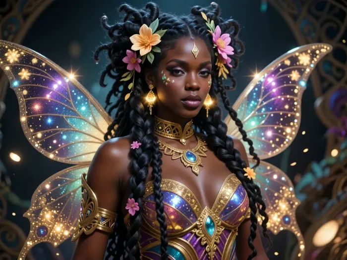 magical Nigerian fairy queen with long flowing tribal afro braids woven with glowing flowers. Wearing an enchanting fantasy carnival costume with sparkling butterfly wings and gold dust. Mystical atmosphere, hyper-detailed fantasy art style, vibrant colors, 4k.
