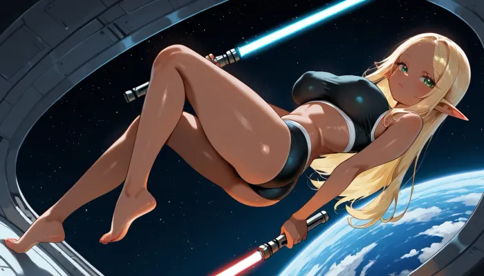 full body view, hot young elf, (petite:1), standing, in space ship, ((big round boobs:1)), blonde hair, green eyes, black sports underwear, bare feet, with lightsaber