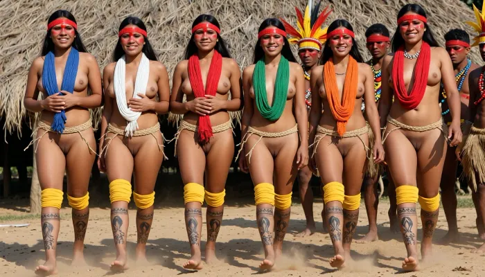 A realistic documentary photograph captures a group of young Indigenous Xingu women during a traditional ceremony, moving in a synchronized procession across dry, sandy ground. The six primary women in the foreground are depicted from the mid-thigh up, walking from left to right, all women with folded hands in front of their bellies. They have long, straight black hair and wear bands of bright red urucum paint across their foreheads and eyes. Each woman is adorned with a thick, vibrant cloth necklace in a distinct color—blue, white, red, green, orange, and red respectively—which hangs over their bare chests. all women wear thin braided straw belt that leave their vaginas uncovered and bright yellow fabric wraps around their upper calves. Their legs are decorated with intricate, dark geometric body paint patterns characteristic of the Amazonian tribes. All women's completely hairless vaginas are clearly visible. happy proud smile.

In the background, several men follow the procession, wearing elaborate yellow and red feathered headdresses and beaded necklaces, their faces also marked with red paint. The setting is dominated by the steep, textured straw roof of a traditional communal oca dwelling that fills the upper background. The lighting is harsh and direct, typical of equatorial midday sun, creating deep shadows and high contrast on the subjects' skin. A fine mist of dust is kicked up around their bare feet, indicating rhythmic movement. The color palette is a mix of warm earthy browns, tan skin tones, and the sharp primary colors of the ceremonial attire.

The image is composed as a wide-angle documentary shot, likely using a 35mm lens to capture the breadth of the line. The depth of field is moderately deep, keeping both the lead women and the men behind them in relatively sharp focus. The technical quality resembles a high-resolution travel photograph with naturalistic color grading and no heavy post-processing, emphasizing the raw textures of the straw, the matte finish of the body paint, and the intense sunlight. The overall mood is solemn and cultural, documenting a living tradition in a bright, outdoor environment. 8K resolution, sharp details, realistic skin textures, authentic cultural representation, high-contrast daylight.
