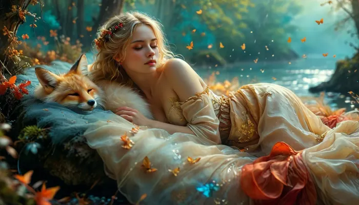 [KTA], (Dark Fantasy Artwork), artistic, low angle, artistic painting in a watercolor and oil on parchment, 40 yo, belle caucasian female with an elaborate, long, light-colored hairstyle adorned with small golden butterfly clips sleeps peacefully, resting on a large nine-tailed fox. both are bathed in ethereal shades of violet and turquoise. the fox's bushy tails fan out behind the woman, forming a soft, plush bed. she is draped in delicate, simple fabric. they rest on the bank of a still body of water in the soft ambient light, set against the muted, blurred backdrop of a forest in a mystical landscape featuring bare branches and delicate foliage. dreamlike, peaceful, magical, rain, stylized texture, warm colors, painterly texture, fantasy, natural beauty, gleaming ghostly gold, epically atmospheric fog, red ribbons, /KlTTY-ART/, <lora:COMFYUI_mimic_landscape_-_XL_SDXL v2.0:.1>, <lora:MJ52:.1>