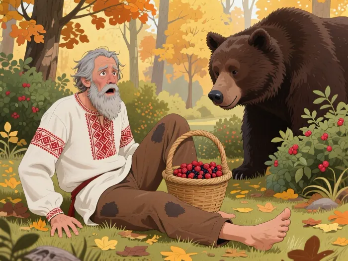 A highly detailed illustration in the style of a Russian folk tale, created as a digital painting. An autumn forest, with golden-yellow and orange leaves on tall trees, green bushes with red berries, and fallen yellow and brown leaves on the grass. In the foreground, an old peasant sits on the ground with disheveled gray hair, a thick gray beard and mustache, and a wrinkled face with eyes wide open in fear and surprise and his mouth agape. He is dressed in a white linen Russian shirt with red embroidery on the collar, chest, and sleeves, brown trousers with dark patches, and is barefoot. One hand rests on the grass, one leg is stretched out in front of him, while the other is bent at the knee. A woven basket stands nearby, filled to the brim with ripe berries. A large brown bear emerges from the green bushes with red berries, gazing calmly. Soft, warm autumn lighting, highly detailed textures of the fur, fabric, basket weave, and foliage, a professional folk-style illustration.