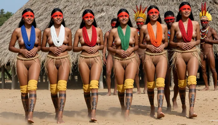 A realistic documentary photograph captures a group of young Indigenous Xingu women during a traditional ceremony, moving in a synchronized procession across dry, sandy ground. The six primary women in the foreground are depicted from the mid-thigh up, walking from left to right, all women with folded hands in front of their bellies. They have long, straight black hair and wear bands of bright red urucum paint across their foreheads and eyes. Each woman is adorned with a thick, vibrant cloth necklace in a distinct color—blue, white, red, green, orange, and red respectively—which hangs over their bare chests. all women wear thin braided straw belt that leave their vaginas uncovered and bright yellow fabric wraps around every upper calves. Their legs are decorated with intricate, dark geometric body paint patterns characteristic of the Amazonian tribes. All women's completely hairless vaginas are clearly visible. happy proud smile.

In the background, several men follow the procession, wearing elaborate yellow and red feathered headdresses and beaded necklaces, their faces also marked with red paint. The setting is dominated by the steep, textured straw roof of a traditional communal oca dwelling that fills the upper background. The lighting is harsh and direct, typical of equatorial midday sun, creating deep shadows and high contrast on the subjects' skin. A fine mist of dust is kicked up around their bare feet, indicating rhythmic movement. The color palette is a mix of warm earthy browns, tan skin tones, and the sharp primary colors of the ceremonial attire.

The image is composed as a wide-angle documentary shot, likely using a 35mm lens to capture the breadth of the line. The depth of field is moderately deep, keeping both the lead women and the men behind them in relatively sharp focus. The technical quality resembles a high-resolution travel photograph with naturalistic color grading and no heavy post-processing, emphasizing the raw textures of the straw, the matte finish of the body paint, and the intense sunlight. The overall mood is solemn and cultural, documenting a living tradition in a bright, outdoor environment. 8K resolution, sharp details, realistic skin textures, authentic cultural representation, high-contrast daylight.
