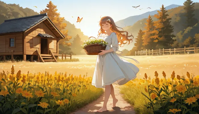 Beautiful young Slavic peasant woman in her early 20s walking barefoot along a narrow dirt path through misty hay fields at golden hour dawn, simple elegant cream linen dress with modest square neckline and rolled sleeves, slightly damp from morning dew clinging to the fabric, long wavy chestnut hair with wildflowers and herbs woven in, warm golden sunlight filtering through birch and oak leaves, soft volumetric god rays, light fog rolling over wildflower meadows, birds taking flight, dewdrops sparkling on grass and her skin, peaceful serene expression, face illuminated by warm light, eyes full of calm and quiet harmony with nature, carrying a small wicker basket filled with freshly gathered herbs, wooden fence and distant thatched cottages in soft background, idyllic pastoral atmosphere, cinematic lighting, painterly photorealistic, ultra detailed skin texture and linen fabric, masterpiece, best quality, 8k, intricate details, sharp focus, film grain, gentle genuine smile, eyes half-closed enjoying the sun, butterflies around her, scent of fresh hay and wildflowers, pure peace and harmony