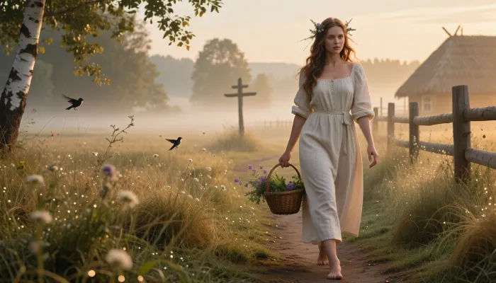 Beautiful young Slavic peasant woman in her early 20s walking barefoot along a narrow dirt path through misty hay fields at golden hour dawn, simple elegant cream linen dress with modest square neckline and rolled sleeves, slightly damp from morning dew clinging to the fabric, long wavy chestnut hair with wildflowers and herbs woven in, warm golden sunlight filtering through birch and oak leaves, soft volumetric god rays, light fog rolling over wildflower meadows, birds taking flight, dewdrops sparkling on grass and her skin, peaceful serene expression, face illuminated by warm light, eyes full of calm and quiet harmony with nature, carrying a small wicker basket filled with freshly gathered herbs, wooden fence and distant thatched cottages in soft background, idyllic pastoral atmosphere, cinematic lighting, painterly photorealistic, ultra detailed skin texture and linen fabric, masterpiece, best quality, 8k, intricate details, sharp focus, film grain, subtle folk-magic atmosphere, as if she is a young herbalist or forest spirit in human form, ancient wooden cross or carved pole barely visible in the mist
