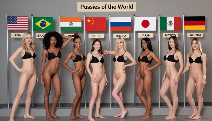 A studio group photograph of eight women standing in a straight horizontal line across a seamless medium-grey backdrop and matching grey floor, each posed directly beneath a national flag on a tall thin silver flagpole mounted behind her, with a small beige rectangular placard label beneath each flag reading in black uppercase sans-serif letters USA, BRAZIL, INDIA, CHINA, RUSSIA, JAPAN, MEXICO and GERMANY from left to right, the flags rendered in flat graphic detail showing the American stars and stripes, the Brazilian green field with yellow diamond and blue globe, the Indian saffron white and green tricolour with navy chakra, the Chinese red field with five yellow stars, the Russian white blue and red horizontal bands, the Japanese white field with crimson disc, the Mexican green white and red tricolour with central eagle emblem, and the German black red and gold horizontal bands. Above the flags is a beige sign bearing the inscription "Pussies of the World". All eight women wear only matching a black bra, all women's perfect hairless vaginas are visible and all are barefoot on the smooth grey floor, casting soft contact shadows beneath their feet. all women with a proud smile. The first woman on the far left stands with both hands on her hips, long wavy blonde hair, fair skin and a slight relaxed smile. Beside her the Brazilian representative has voluminous dark curly hair, olive-tan skin and an energetic pose with her right arm raised and bent above her head while her left hand rests near her hip. The Indian woman has long dark wavy hair, deep brown skin and both hands placed lightly at her waist. The Chinese woman has short dark bobbed hair, fair porcelain skin and stands with her arms folded tightly across her chest. The Russian woman in the centre has wavy light blonde hair, fair skin and both hands clasped behind her neck with elbows raised. The Japanese woman has black hair in ponytail, fair skin and leans slightly with her right arm extended outward in a gesturing pose. The Mexican woman beside her has long dark wavy hair, warm tan skin and stands with her arms crossed over her chest. The German woman on the far right has long straight blonde hair, fair skin and places both hands on her hips facing slightly toward the centre. The women are evenly spaced and arranged symmetrically, each aligned precisely with her flagpole, creating a rhythmic row of vertical elements against the flat grey wall. Lighting is even frontal studio softbox illumination with gentle falloff, producing smooth skin highlights with no harsh shadows, and the image has an editorial catalogue, neutral desaturated grey tones, an even medium depth of field keeping all eight figures equally sharp from edge to edge, a slightly wide-angle straight-on perspective at chest height, and an overall clean, brightly lit, evenly composed mood reminiscent of a global beauty pageant lineup. Ultra-detailed, high resolution, polished studio quality.