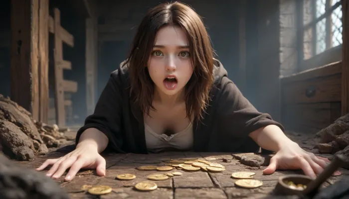 young female adventurer 25 years old opening a living wooden treasure chest that is a monster, terrified expression, eyes wide open, mouth open in a scream, recoiling backward in shock, both hands still on the lid, leaning forward mid-flinch, leather armor, hooded cloak partly fallen back, satchel, belt with pouches, dagger at hip, brown hair with strands across face, sweat on forehead, torchlight on her face, the mimic, rectangular wooden chest, flat hinged lid flipped wide open as a gaping maw, upper jaw is the open lid, lower jaw is the front rim, rows of long jagged yellowish fangs lining both edges, teeth of varying sizes, some broken, glistening saliva strands between rows, thick muscular purple tongue lolling far out of the opening, curling downward over the front panel, wet textured tongue dripping drool, multiple fleshy writhing tentacles bursting from beneath the chest, from the seams of the sides and back, tentacles with small round suction cups, slick with dark slime, curling and reaching toward the woman, some gripping the stone floor, the top of the open lid densely covered with dozens of malevolent staring eyes of many sizes, each with a slit vertical pupil and bloodshot yellow sclera, wet glossy surface, some half-lidded, some wide open, all staring at the woman, chest body made of weathered dark oak planks with visible grain and cracks, bound by rusted iron bands, corroded metal corner brackets, old iron lock on the front panel, wood transitioning into wet organic flesh at the seams, environment, dark underground dungeon, mossy stone walls, scattered gold coins, jewels and old bones on the floor, dim flickering torchlight, deep shadows, volumetric dust, faint greenish glow from the eyes, fog near the floor, style, dark fantasy horror illustration, hyperrealistic, cinematic dramatic lighting, high contrast, dynamic action shot, D&D Monster Manual art, concept art, 8k, ultra detailed, sharp focus