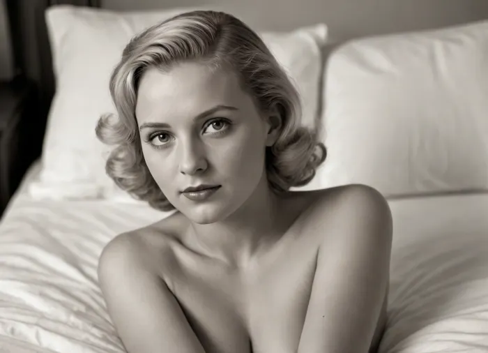 (in German Nazi art style), ((B&W, monochrome)), 1940s beauty standards, fully authentic photo in style of 1930's era, authentic historical photograph, original historic photograph, period-accurate photo, printed photo with paper defects, in style of 1940s B&W analog photo, 1940s model, beautiful German young woman, Nordic beauty, naked, natural blonde, 1940s hairstyle, protruding breasts, laying in bed on her back after hard sex, full-body shot