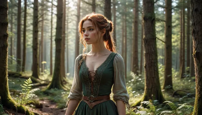 Scottish forests, Animals, no paths, no roads, dense forest, medieval setting, silhouette of a 22year-old girl in a forest thicket Anthropomorphic, sexy look, out of focus, realistic style, detailed landscape, clear focus, photorealistic quality, 8k resolution, natural environment, realistic physics, cinematic composition, masterfully drawn art, tamamo, \, <lora:SDXL_BetterFaces-LoRA_v1:.6>
