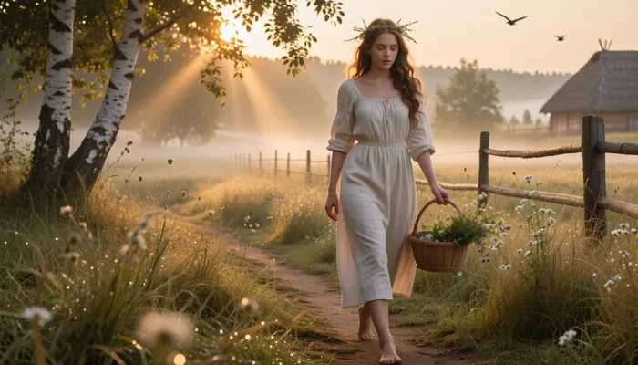 Beautiful young Slavic peasant woman in her early 20s walking barefoot along a narrow dirt path through misty hay fields at golden hour dawn, simple elegant cream linen dress with modest square neckline and rolled sleeves, slightly damp from morning dew clinging to the fabric, long wavy chestnut hair with wildflowers and herbs woven in, warm golden sunlight filtering through birch and oak leaves, soft volumetric god rays, light fog rolling over wildflower meadows, birds taking flight, dewdrops sparkling on grass and her skin, peaceful serene expression, face illuminated by warm light, eyes full of calm and quiet harmony with nature, carrying a small wicker basket filled with freshly gathered herbs, wooden fence and distant thatched cottages in soft background, idyllic pastoral atmosphere, cinematic lighting, painterly photorealistic, ultra detailed skin texture and linen fabric, masterpiece, best quality, 8k, intricate details, sharp focus, film grain