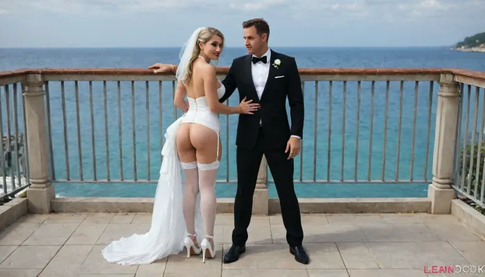Honeymoon, 1girl, 35 years old, adult, 1, 75m, soft butt, big breasts, blonde hair, white toe nails, (tiny waist), red lipstick, dark black Mascara, red Long Finger nails, (high detailled face), (high detailled navel), (high detailled pussy), (high detailled skin, Wedding Dress, White High Heels, White garter belt, White fishnet stockings, on a balcony in a italian town in the sea, lean at Balcony railing, bend over, Show ass, 1men, bold head, Wedding suit, Gigant Cook, on her left Side, (full View:1.5), view from front)