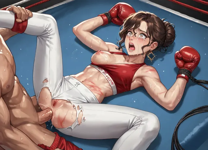best quality, woman with brown hair in messy bun, medium breasts, red sports bra, ripped sweatpants, one breast exposed, ((whip marks on body)), hands tied with rope, (anal sex), missionary, boxing ring, crying, tears, scared