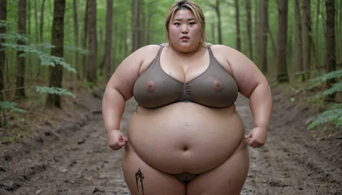 Korean fat woman, 20 years, blonde highlights, wearing big summer top and pants, Wide hips, very large bust size, Fat belly, Plump fat arms, (Obese), Overweight, (Plump), completely covered with mud, hair completey covered with mud crawls in deep mud in a forest, <lora:Chubby BBW - XL:1.9>, <lora:runga_8.1-000002:1.8>