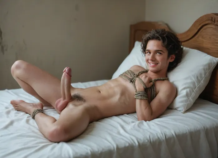 Masterpiece full body photo, cute man, (adult:1), (young:.2), naked, ((((alone)))), laying in bed, head on pillow, (showing off excessive cock:.92), cock has major dorsal recurve, big smile, legs spread apart, shibari, bound arms, bound hands, (masterpiece, best quality), perfect illumination, ((view from side)), 8K, UHD, sharp image, (best illumination), crystal clear image, best quality, ultra-detailed, fine detail, high res, highest quality, 8k wallpaper, high definition, ((highly detailed face)), <lora:JuggerCineXL2:.1>, <lora:photorealistic_portrait_notrigger:.1>, <lora:MJ52:.5>, thick curly long luxurious hair