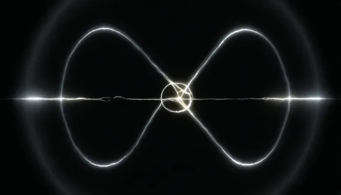 Six luminous energy lines radiate in dark space, alternating yin and yang as flowing currents of light, two lines pulse and transform, forming an I Ching hexagram suspended in a cosmic field. The structure stretches toward infinity, expressing order and change, a quiet tension between completion and return, the light gradually dissolving into endless space.