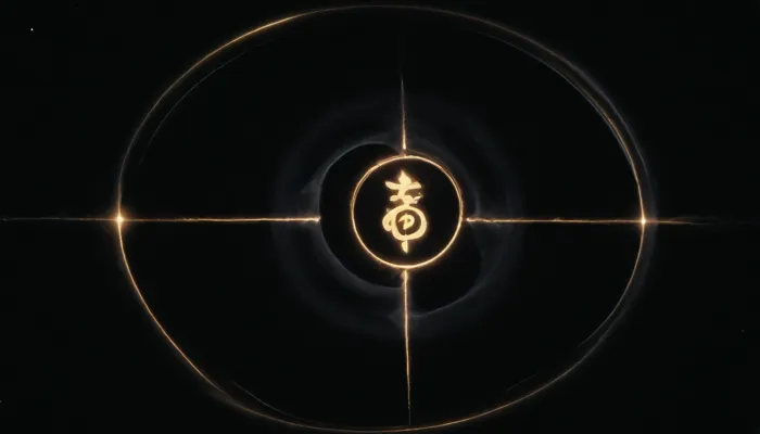 Six luminous energy lines radiate in dark space, alternating yin and yang as flowing currents of light, two lines pulse and transform, forming an I Ching hexagram suspended in a cosmic field. The structure stretches toward infinity, expressing order and change, a quiet tension between completion and return, the light gradually dissolving into endless space.