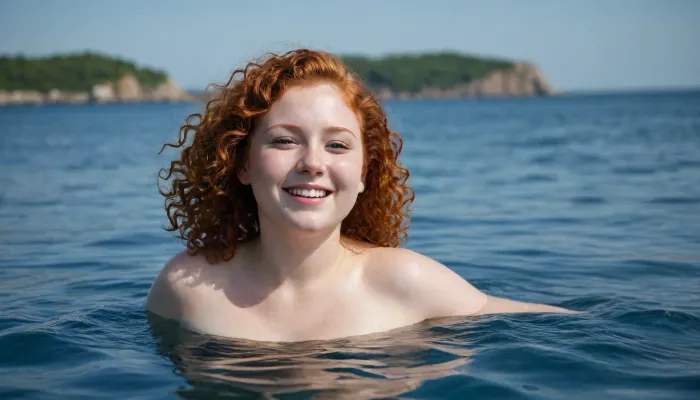 A captivating redhead curly just 18-year-old 5-feet-height well-built slightly chubby woman, noticeable breasts, extra long hair covering body, happily smiling, bare body, swimming in the blue sea in the midday up to breasts