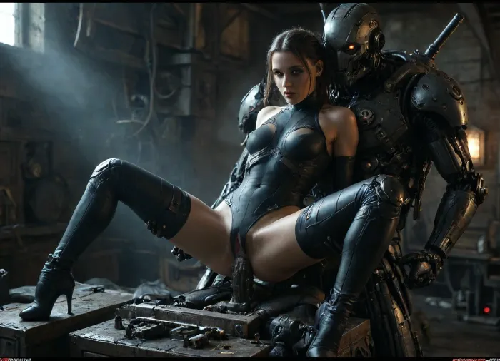 create a threesome in a Futuristic steampunk Style, full body view, (30 years old tattooed woman:1.3), (with detailed skin texture and an excited facial expression:1.4), orgasm, overwhelmed fucking in double penetration by, (TWO of her personal steampunk humanoid male sex robots:1.6), (Sex while standing:1.4), (specialized steampunk sex robot is designed for perfect mechanical penetration:1.7), anal and vaginal, (perfect mechanical penis:1.3), shipyard, various perspectives, various futuristic steampunk Background details, intricate detail, highly detailed steampunk, breathtaking, panoramic, cinematic, (3D, Framed, Woman), Macabre, FRESHIDEAS, Real, Photography, 2#, cloudy, smoke, atmospheric, clouds, fog, anchespaceroom, Commando, Droid, 1girl, 1boy, android, cyborg, vaginal, augmentations, bodysuit, torn_clothes, small breasts, large_insertion, cum, machine_oil, metal_table, hideout, neon, cyberpunk, style, <lora:DonMSt34mPXL-000006:.8>, <lora:compb0t:1.9>, <lora:CyborgMechExosuit_v1.5:1.9>, <lora:dark:.5>
