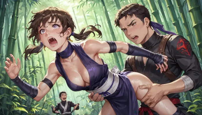 best quality, ninja girl with short brown hair in pigtails, athletic build, medium breasts, purple and black ninja costume with visible cleavage, (tied to spit that's carried by two men), bamboo forest, screaming, tears