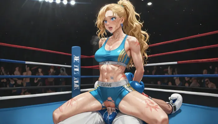 best quality, boxing girl with long blonde hair in a ponytail, athletic build, medium breasts, ripped blue sports bra and blue boxing trunks, (marks on body, marks on tits), hands behind back, (reverse cowgirl style sex), boxing ring, humiliated, tears