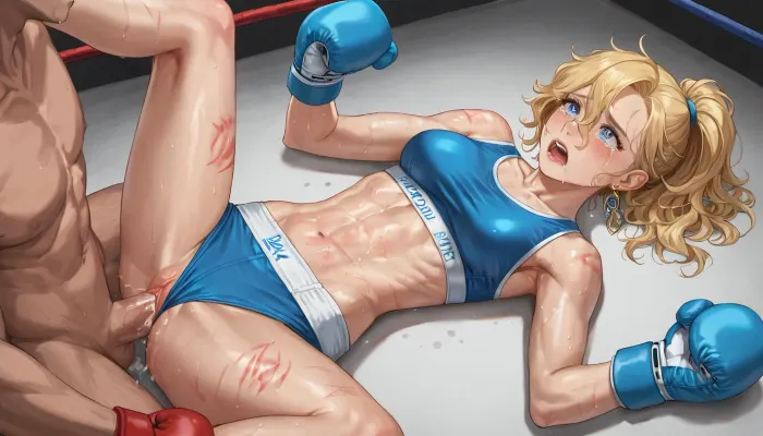 best quality, boxing girl with long blonde hair in a ponytail, athletic build, medium breasts, ripped blue sports bra and blue boxing trunks, (marks on body, marks on tits), held down, (missionary sex), boxing ring, humiliated, tears