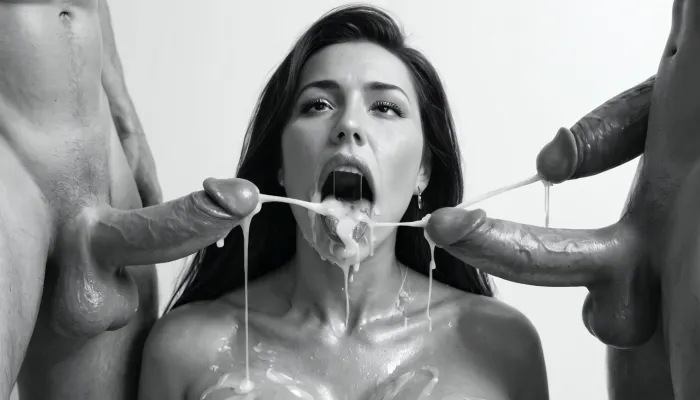 (milf:1.2), (black&white:1.9), white background, white room, close-up of a white man's 18 inch penis, hard-on, big testicles, the white man is sitting with his back to the wall, masturbating, he is shooting a cumshot on the face of a naked busty white woman, topless, gorgeous, (milf:1.1), (extremely long smooth black hair:1.5), (wide_hips:1.5), (Massive ass:1.1), (massive breasts:1), thin waist, the white woman is wearing shimmering shiny glossy black pantyhose with open crotch, The white woman is laying on her back, (gaping mouth:1.2), (realistic excessive thick runny cum all over her face and body), licking the dickhead of the white man's penis, froggystyle blowjob, mouthfull of cum, excessive cum dripping out of her open mouth, nose full of cum, mouth full of cum, lots of very thick cum, loads of cum, woman, on, face, excessive bukkake, cum, facialized, superfacialized, surrounded by dicks, (ejaculation:1.3), 2+ men.