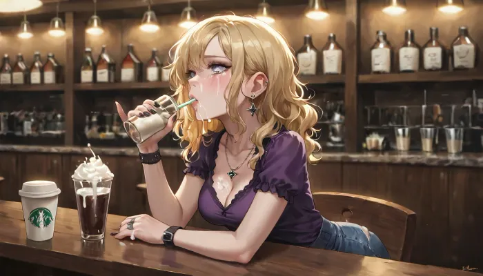 best quality, clean art, emo girl with blonde hair, slim build, medium breasts, ripped purple blouse and jean skirt, (cum drinking, drinking cum from a glass), coffee shop, tears