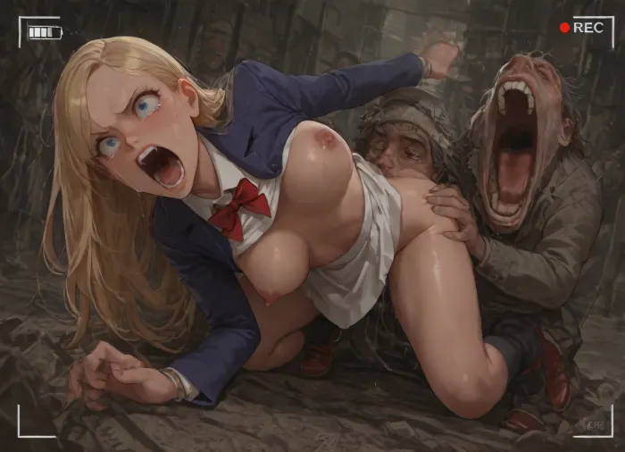 Nsfw, gangbang, enf, perfect face, masterpiece, big eyes, (wide-eyed:1.2), (young face:1.2), (young French girl:1.3), (the girl is 14-Years-old French girl dressed in no panties and white skirt and Navy blue blazer and white shirt and red bow tie and Black socks and red shoes and Silver ring bracelet), (nipple:1.2), (open legs:1.3), medium breast, blue eyes, (blonde hair:1.3), (forehead:1.3), (swept bangs:1.2), long hair, (natural straight hair:1.3), (doggy style:1.3), blushing, (angry:1.4), (crying:1.3), (tears:1.6), (ahegao), (screaming:1.7), open mouth, shouting, French face, furrowed brow, (medium breast), walking, long shot, city street, (recording:1.2), (homeless man:1.6), (homeless oldmen crowd:1.3), (nipple suck:1.4), (Cunnilingus:1.5), scared Up skirt, (the smiling homeless man is dressed suit:1.4)
