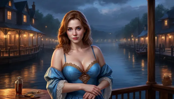 (one woman, Mirabelle Monet, french, mature 50 year old, ginger/brown hair, small breasts, chubby body and face), (tavern by lake docks, dark rainy night), (wearing revealing sky blue dress with brown laced bodice exposing breasts), (covering breasts with hands), blue atmosphere, perfect eyes, five fingers, (artwork, digital painting, concept art, flat colors, loading screen art style), <lora:LegendDarkFantasy-000001:1.2>