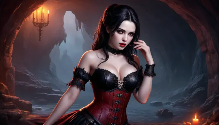 (one woman, Alva, 25 year old, pale skin, small breasts, vampire, black hair, seductive lips, sensual eyes), (inside medieval vampire cave/lair), (wearing skimpy revealing tavern wench corset, pulled down exposing breasts), (one hand grabbing breast, other hand laying finger on lips/tongue), dark ambiance, perfect eyes, five fingers, artwork, digital painting, concept art, flat colors, loading screen art style, <lora:LegendDarkFantasy-000001:1>