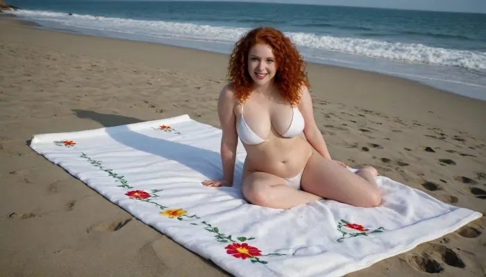 A captivating redhead curly just 18-year-old 5-feet-height well-built slightly chubby woman, noticeable breasts, extra long hair covering body, happily smiling, bare body, lies relaxing on the huge snow-white floral-embroidered beach towel on the ocean beach