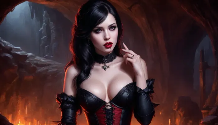 (one woman, Alva, 25 year old, pale skin, small breasts, vampire, black hair, seductive lips, sensual eyes), (inside medieval vampire cave/lair), (wearing skimpy tavern wench corset), (one hand grabbing breast, other hand laying finger on lips/tongue), dark ambiance, perfect eyes, five fingers, artwork, digital painting, concept art, flat colors, loading screen art style, <lora:LegendDarkFantasy-000001:.8>