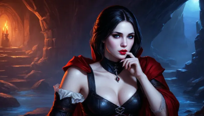 (one woman, Alva, 25 year old, pale skin, small breasts, vampire, black hair, seductive lips, sensual eyes), (inside medieval vampire cave/lair), (wearing medieval tavern wench clothing), (one hand on hips, other hand laying finger on lips), closeup view, blue atmosphere, perfect eyes, five fingers, artwork, digital painting, concept art, flat colors, loading screen art style, <lora:LegendDarkFantasy-000001:.8>