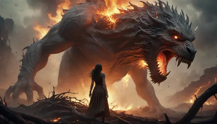 fantasy art illustration, women, beast, intertwine with roots, shreds, fangs, dust, wet, fire, war. /©KlTTY-ART/