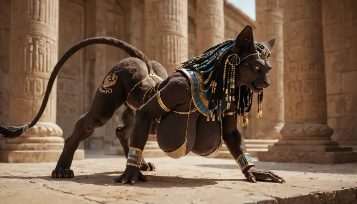 ((((female sphinx)))), ((((fur)))), huge breasts, crotch tattoo, standing on all fours