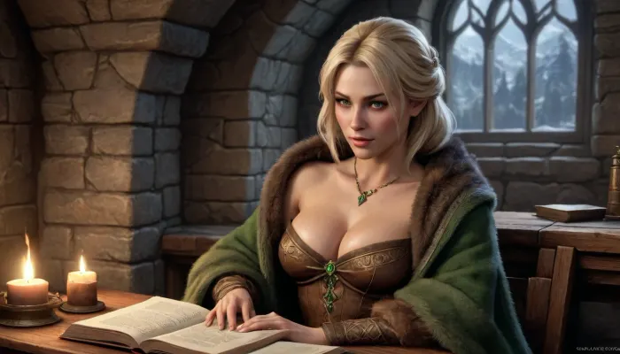 (one woman, Betrid from Skyrim, 40 year old, scandinavian, blonde medium hair, medium breasts, unpleasant face), inside medieval stone house, (wearing brown fur shawl and medieval noble ornamental green dress topless pulled down exposing breasts), (sitting, reading a book, covering breasts with book, breasts hidden behind open book), close-up view, (fantasy art, artwork, digital painting, concept art, by syd mead, flat colors), <lora:concept_art_syd_mead:1.5>