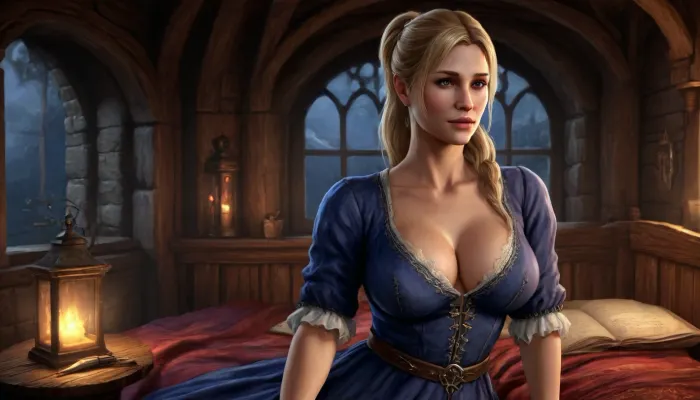 (one woman, Haelga from Skyrim, 50 year old, scandinavian, blonde medium hair ponytail, medium breasts, seductive face, biting her lips), inside medieval wooden bedroom, (wearing medieval blue shirtdress, exposing breasts), (sitting on medieval bed, grabbing breasts, squeezing breasts with armbra), dark ambiance, perfect eyes, five fingers, artwork, digital painting, concept art, flat colors, loading screen art style, <lora:LegendDarkFantasy-000001:.8>