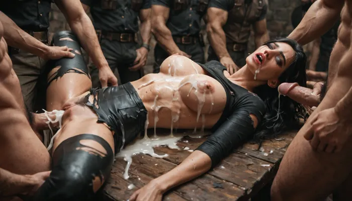 Black woman, gang bang, forced penetration, excessive cum, exhausted, ripped clothes, dirty cellar