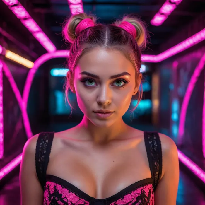woman, (21 years old), neon pink, black light, phosphorescent, (messy bun), ((neon lace:1.3)), (detailed face and eyes:1.2), (fit), (innocent face:1.2), (dynamic light), (centered), (max detail), 8k, (cleavage), ((perfect nipples)), (((underground rave club))), secret, cyberpunk dance music, ((disco lights)), ambiance, facing camera, front view, symmetrical