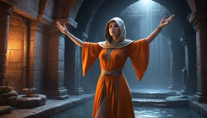 (one woman, Senna from Skyrim, 30 year old, french, bright blonde medium hair ponytail, small narrow squinched eyes, small breasts, neutral face without smile), (inside medieval underground bathhouse, silver stone walls), (spreading arms up-forward), (slightly open orange medieval robes with hood, barely visible breast shape), close-up side view, blue light atmosphere, dark ambiance, five fingers, (artwork, digital painting, concept art, by syd mead, flat colors), <lora:LegendDarkFantasy-000001:.8>