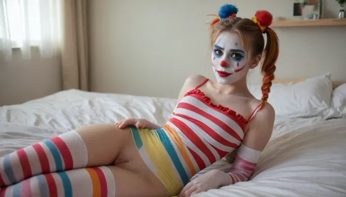 young beautiful girl 18 years old clown girl with big breasts, wearing a pulled-up dress without any underwear, laying on her back with spread legs, no panties, long striped socks, clown makeup, skinny, white face paint, detailed vagina, looking at the viewer, back long high twin multi-colored ponytails, excited, aroused, tack sharp, 4k, dslr