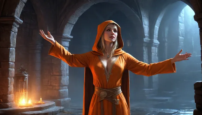 (one woman, Senna from Skyrim, 20 year old, french, bright blonde medium hair ponytail, small narrow squinched eyes, small breasts, neutral face without smile), (inside medieval underground bathhouse, silver stone walls), (spreading arms up-forward), (slightly open orange medieval robes with hood, barely visible breast shape), close-up side view, blue light atmosphere, dark ambiance, five fingers, (artwork, digital painting, concept art, by syd mead, flat colors), <lora:LegendDarkFantasy-000001:.8>