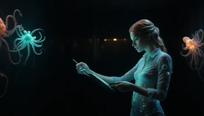 A highly detailed, photorealistic scene of a 30-year-old attractive, confident deep-sea researcher in her underwater laboratory, standing in a corridor filled with aquariums showcasing various glowing deep-sea creatures, (including glowing octopuses and glowing lantern fish:1.3), (mystic glow:1.7), (the researcher holds a clipboard in one hand:1.2), (leaning slightly forward:1.2), (wearing a low-cut top:1.2), adding a hint of allure, she makes notes about the glowing green octopus in front of her, the octopus luminescent, phosphorescent, with detailed suckers and large eyes, the environment rich with small details like microscopes, lab tables, and dim lighting, large windows reveal the vast underwater world outside, every detail meticulously rendered, from her face, hands, and nose to the intricate patterns on the octopus and the lab, creating a captivating and immersive atmosphere, (her hard nipples are visible on her shirt:1.4), (The scene is hyperrealistic:1.4), (capturing every detail:1.4), (from the fine textures of the glowing octopus:1.3), to the complex emotions visible on her face, (perfect rendered clever face:1.4), (perfect rendered fingers:1.4), The entire composition blends joyful celebration with deep sea and human science, (photorealistic:1.5), creating a visually stunning and powerful imagem, (maximum detail), (super realistic photo:1.4), DonMSp3ctr4lXL, holotech, <lora:DonMSp3ctr4lXL-000008:2>, <lora:dark:2>, <lora:detailed_notrigger:2>, <lora:Holotech:2>