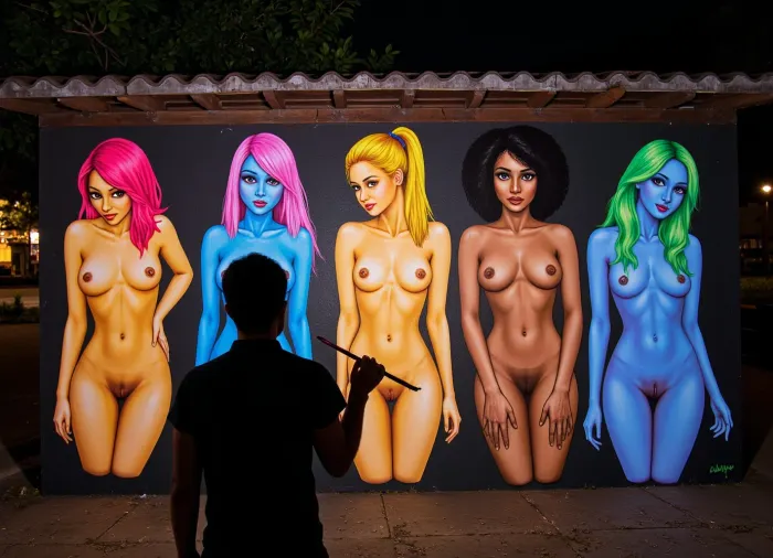 Hyperrealism
Impressionist painting {The famous Brazilian street artist and graffiti artist Eduardo Cobra creates with a brush in his hand, at night, a grandiose graffiti project "Ethnos", consisting of five naked girls of different races, painted with multicolored neon paints, glowing in the night, the process of creation, dynamics}. Free style of painting, bright colors, play of light and shadow, transfer of feelings through form.