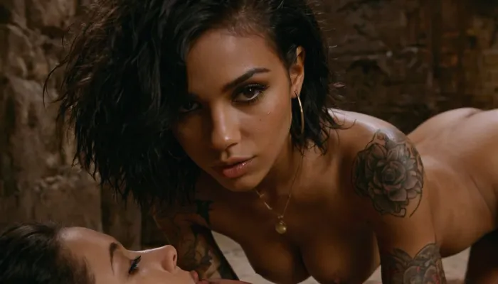 photograph, (dark sexy emo Brazilian model being fucked from behind doggy style by cool black dude, perfect penis), dungeon, showing her bum, curved back, shiny brown skin, shaggy haircut, luscious lips, orgasm face, makeup, brown eyes, narrow waist, (firm round fake breasts), many tattoos, nipples, inner labia, perfect wet pussy, she gazes lovingly at the viewer, detailed, 4k, [cum]